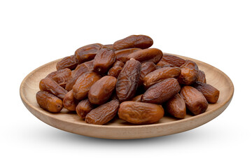 dry dates palm in wooden bowl isolated on white background ,include clipping path