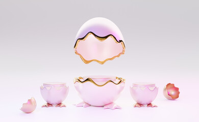 podium empty with egg shell in white composition for modern stage display and minimalist mockup ,abstract showcase background ,Concept 3d illustration or 3d render