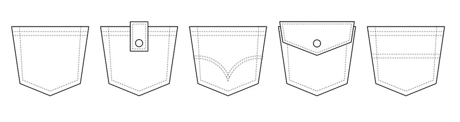 Patch pocket. Set of uniform patch pockets shapes for clothes, dress, shirt, casual denim style. Isolated icons.