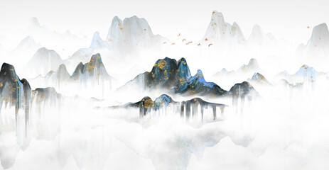Chinese style blue mood landscape painting