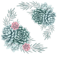 Lovely elegant succulent bouquets, green and pink succulents, wedding stationery design elements