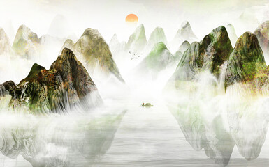 Fototapety  Ręcznie malowane tło nowej chińskiej złotej ilustracji krajobrazu nastroju