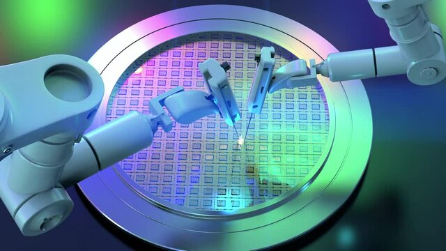 Robotic arms with silicon wafers for semiconductor manufacturing 4k footage