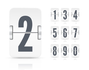 Vector template with light flip scoreboard numbers and reflections for white countdown timer or calendar isolated on white background.