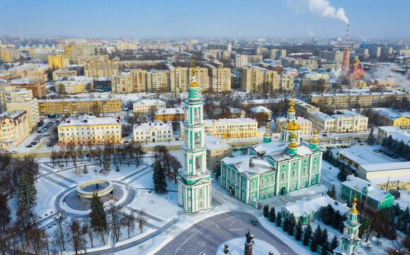 Aerial panoramic view of architectural ensemble of Spaso-Preobrazhensky Cathedral in Russian town of Tambov on sunny winter day