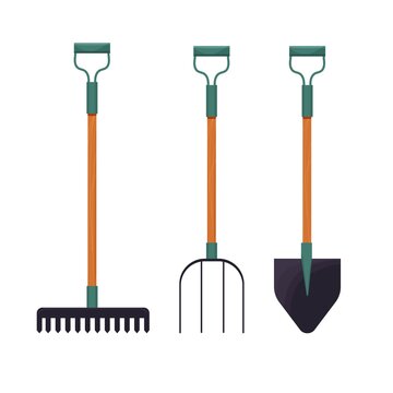 Set of farmer, gardening equipment in flat cartoon style, Planting tool kit isolated on white background. Cartoon rake for harvesting, garden shovel, pitchfork stock vector illustration. 