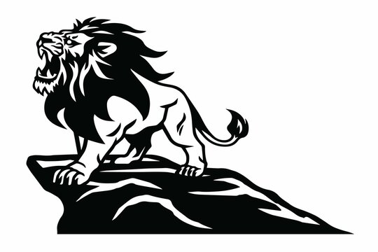 Lion Logo Roaring on the Mountain Hill Vector Illustration