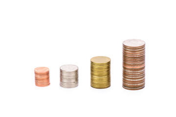 A pile of coins on a white background Concept of finance, investment, business growth, banking and savings.