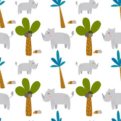 Seamless pattern with safari jungle animals and palm for scrapbooking, decoration, fabric