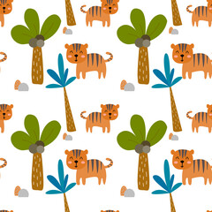 Seamless pattern with tiger and palm 