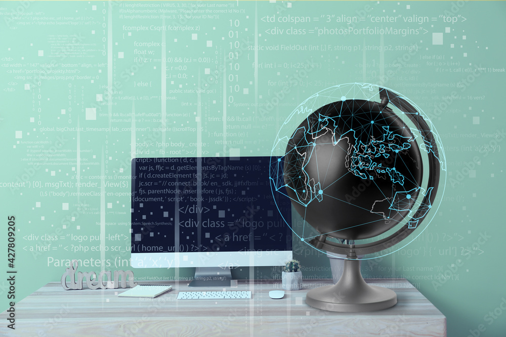Poster modern workplace with computer and globe in office. concept of internet