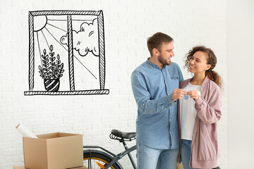 Young couple in their new house on moving day