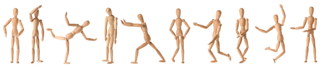 Collage of wooden mannequins in different positions on white background