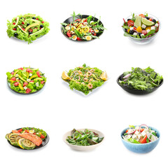 Different healthy salads on white background