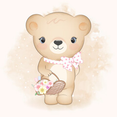 Little bear holding flowers in basket watercolor illustration