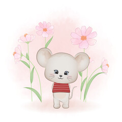 Cute little mouse and and cosmos flower, cartoon animal watercolor illustration