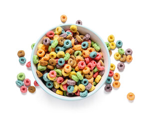 Bowl with cereal rings on white background