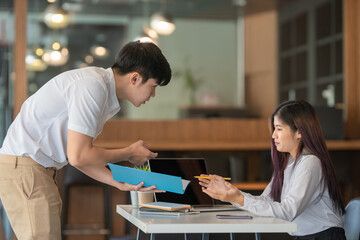 Young business teamwork working with business report document on office desk.Brainstorming Business People Design Planning,Brainstorming Planning Partnership.