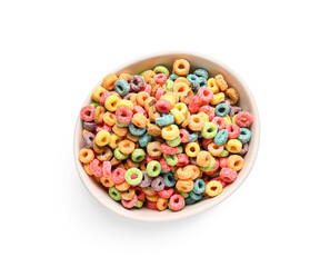 Bowl with tasty cereal rings on white background