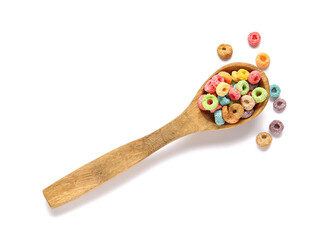 Spoon with tasty cereal rings on white background