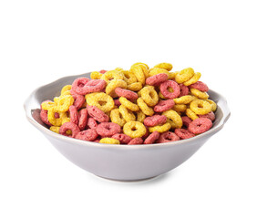 Bowl  with cereal rings on white background
