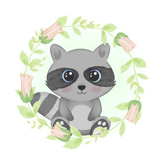 Cute Little Raccoon and flora frame, cartoon animal watercolor illustration