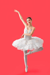Beautiful young ballerina on color background