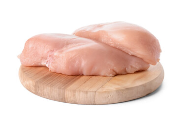 Board with raw chicken fillet on white background