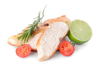 Roasted chicken fillet with tomato, lime and rosemary on white background