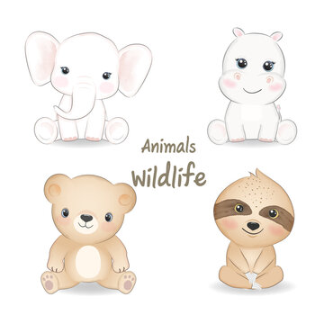 Cute animals wildlife set, animal watercolor illustration