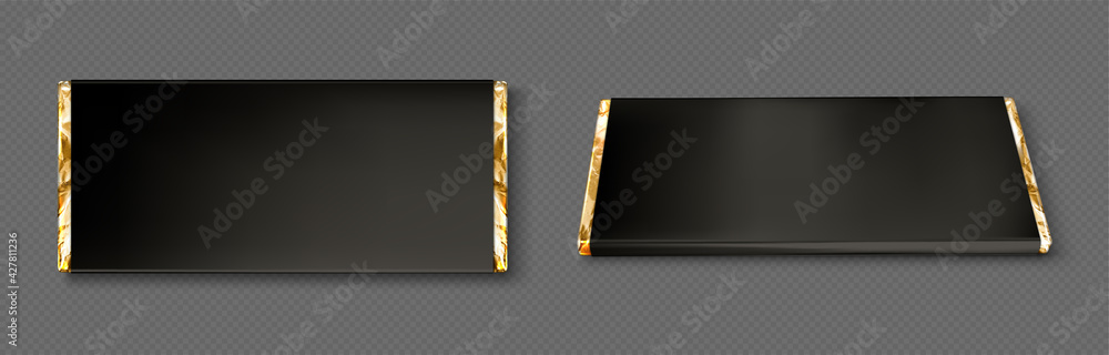 Poster chocolate bar wrapper with gold foil and black paper in top and perspective view. vector realistic m