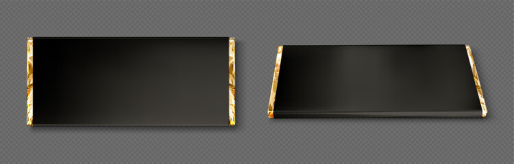 Chocolate bar wrapper with gold foil and black paper in top and perspective view. Vector realistic mockup of blank candy package, 3d chocolate wrap isolated on transparent background