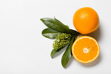 Oranges with leaves on white background