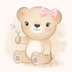 Obraz premium Cute Little Bear and cosmos flower, watercolor illustration