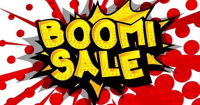 4k animated Boom Sale Comic book style advertisement text. Words effect on bright comics abstract background. Sales quote on colorful banner. Cartoon motion graphic.