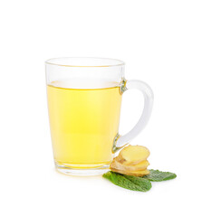 Cup of tea with ginger and mint on white background