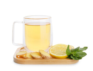 Cup of tea with ginger, mint and lemon on white background