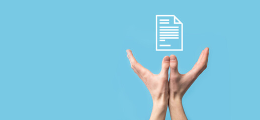 Male hand holding a document icon on blue background. Document Management Data System Business...
