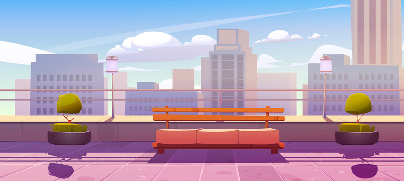 Rooftop terrace with bench on city view background. Empty patio on skyscraper roof or balcony with railing and potted plants. Outdoor area for relax on modern cityscape, Cartoon vector illustration.