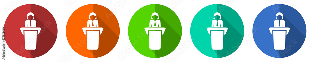 Aufkleber speech, business presentation icon set, flat design vector illustration in 5 colors options for webd