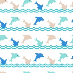 Fototapeta na wymiar Colorful Jumping Dolphins Family Cute Vector Cartoon Seamless Pattern