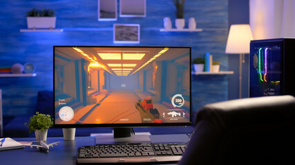 Close-up of empty gaming studio equipped during first person shooter online competition. Streaming...