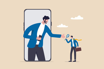 KYC, Know your customer process to identify user in online banking, cryptocurrency trading or cyber transaction concept, businessman using magnifying glass to analyze, identify user on smartphone app.