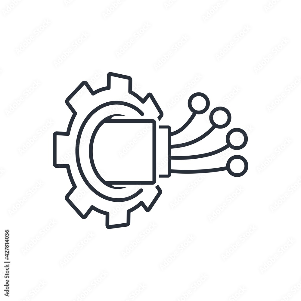 Poster electronic cable and gear. multichannel information processing system. big data center. vector linea