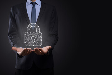 Cyber security network. Padlock icon and internet technology networking. Businessman protecting...
