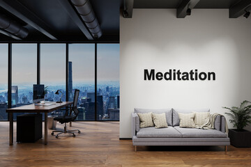 modern luxury loft with skyline view and vintage couch and pc workspace, wall with meditation lettering, 3D Illustration