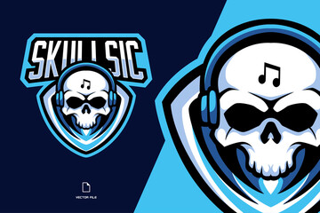 skull music with headphone mascot sport logo illustration