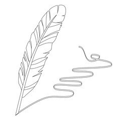Black and white feather for writing. Linear, contour.  Illustration can be used for coloring book and pictures for children.