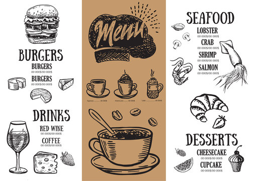 Restaurant menu design. Food flyer. Hand-drawn style. Vector illustration.
