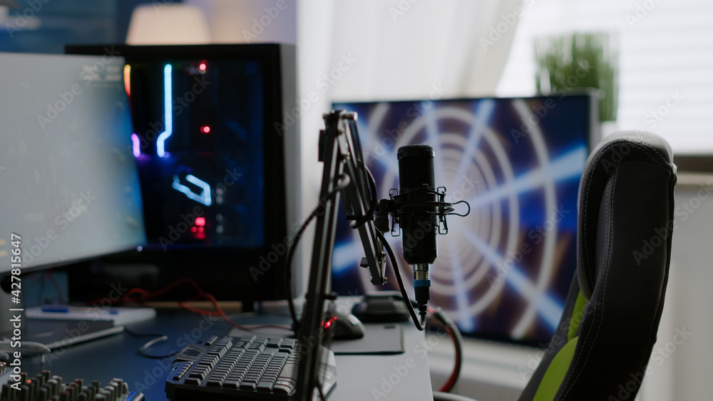 Poster game loading on display of rgb professional powerful computer and stream chat is prepared for virtua